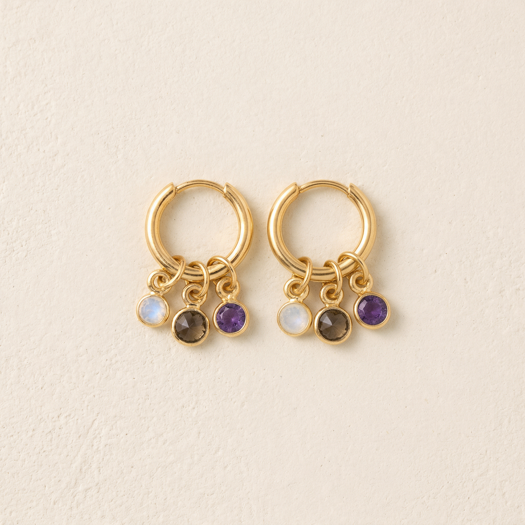 Creolen Gold mit Amethyst, Mondstein & Rauchquarz „Moods“