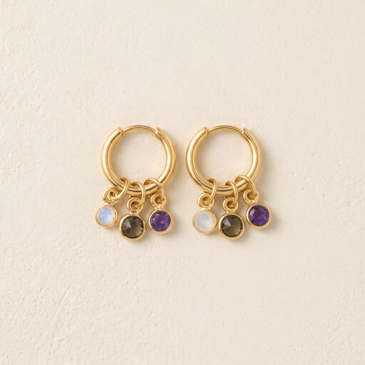 Creolen Gold mit Amethyst, Mondstein & Rauchquarz „Moods“