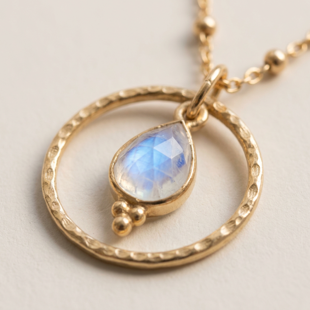Mondstein Kette Gold mit Ring-Anhänger „Halo“
