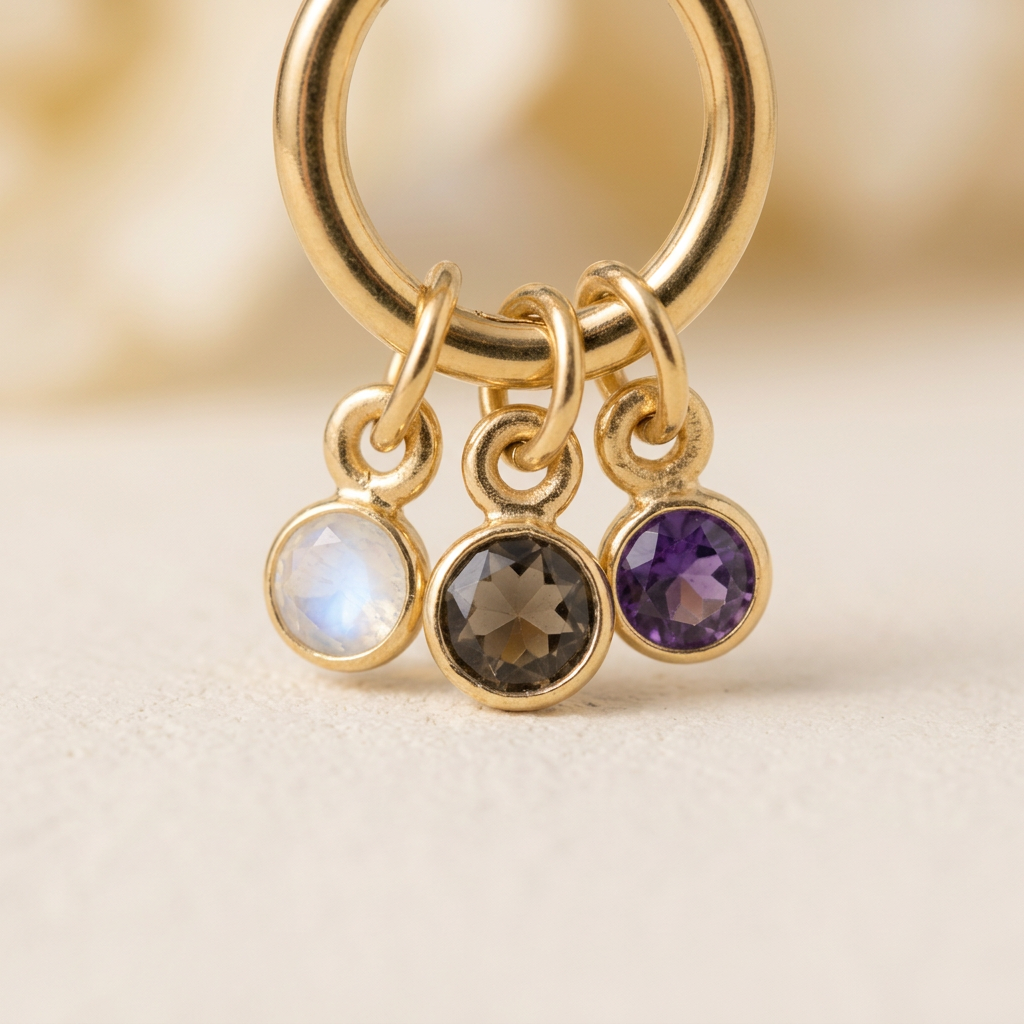 Creolen Gold mit Amethyst, Mondstein & Rauchquarz „Moods“