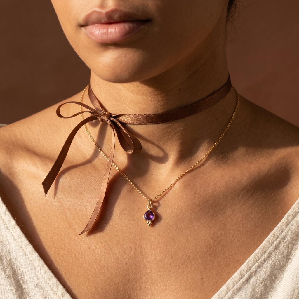 Amethyst Kette Gold, zart mit Mini-Anhänger „Hush“