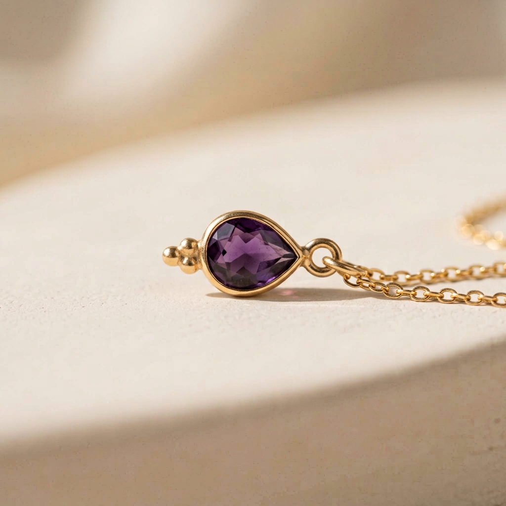 Amethyst Kette Gold, zart mit Mini-Anhänger „Hush“