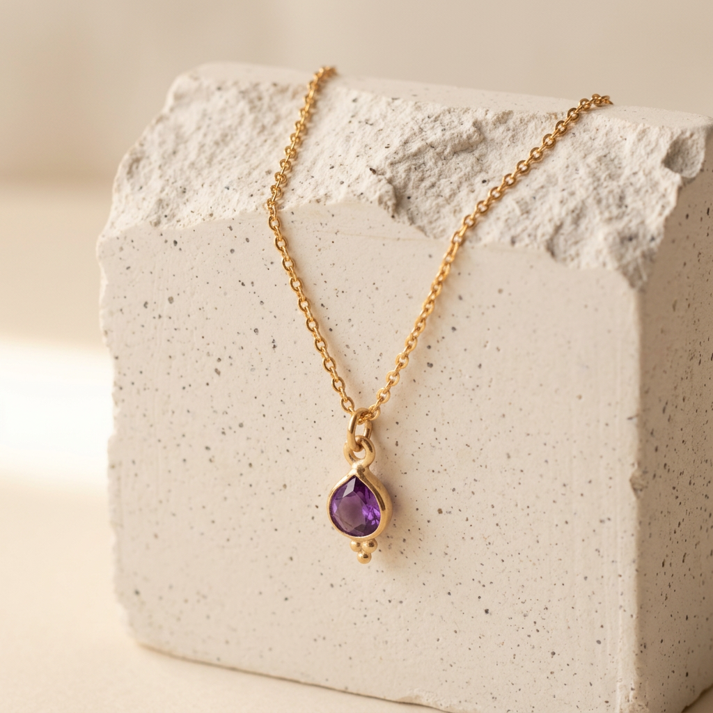 Amethyst Kette Gold, zart mit Mini-Anhänger „Hush“
